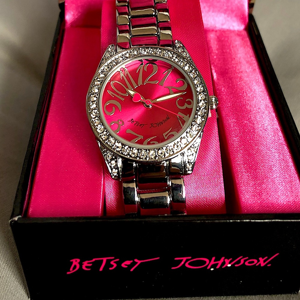 Betsey Johnson Crystal Embellished Pink Ladies Watch with Silver Band Brand New